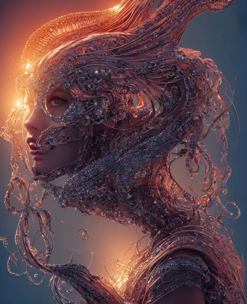 Image similar to close-up macro portrait of the face of a beautiful princess with animal skull mask, epic angle and pose, symmetrical artwork, 3d with depth of field, blurred background, cybernetic jellyfish female face skull phoenix bird, translucent, nautilus, energy flows of water and fire. a highly detailed epic cinematic concept art CG render. made in Maya, Blender and Photoshop, octane render, excellent composition, cinematic dystopian brutalist atmosphere, dynamic dramatic cinematic lighting, aesthetic, very inspirational, arthouse. y Greg Rutkowski, Ilya Kuvshinov, WLOP, Stanley Artgerm Lau, Ruan Jia and Fenghua Zhong