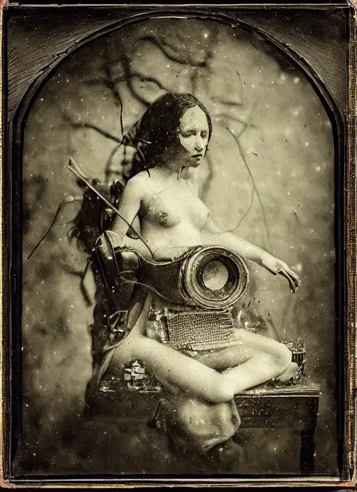 Image similar to old wetplate daguerreotype portrait of the birth of a genius singer, explosion of data fragments, fractal, intricate, elegant, highly detailed, parallax, leica, medium format, subsurface scattering, by jheronimus bosch and greg rutkowski and louis jacques mande daguerre