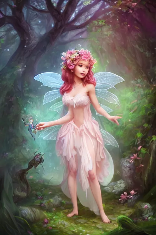 Image similar to a cute fairy in the dreamy forest, fantasy, 8 k resolution, hyper detailed, d & d, character design, digital painting, trending on artstation, sharp focus, illustration, art by artgerm, steve zheng, fuji choko, viktoria gavrilenko, hoang lap