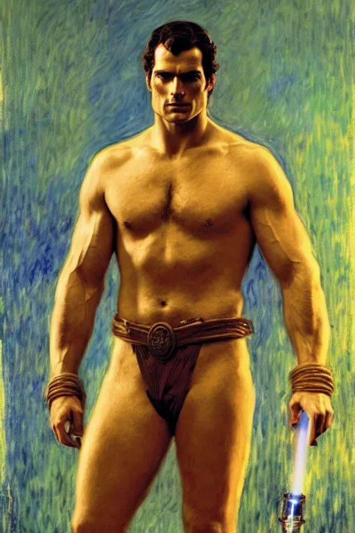 Image similar to henry cavill as jedi knight, painting by tom of finland, gaston bussiere, craig mullins, j. c. leyendecker, claude monet