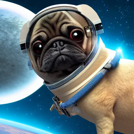 Prompt: hyper realistic, highly detailed, astronaut pug in space. solar eclipse in back.