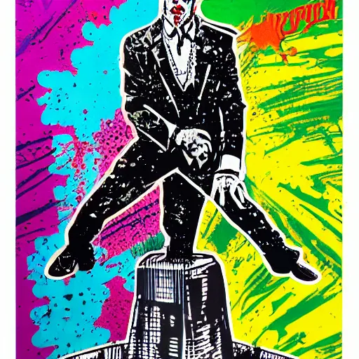 Image similar to die cut sticker, saul goodman wearing the joker suit, splatter paint