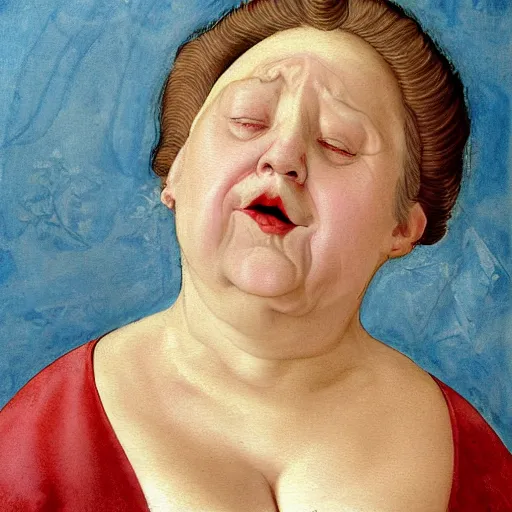 Image similar to of a very funny renaissance style oil painting of a sweet fat old woman kissing herself. symmetrical face, red mouth, blue eyes. a flowered dress. a hyper - realistic scene. 3 d, octane processing, deep focus. a very funny and sweet picture. unreal engine. watercolor. fellini cinematic style. poster quality. freud painting style.