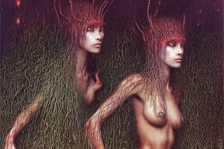 Image similar to cute yanomami female with short hairs in lovecraftian jungles by jean delville by luis royo and wayne barlowe, beksinski