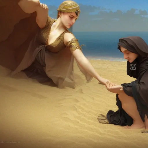Prompt: mage controling sand with his hands, intricate, elegant, highly detailed, digital painting, artstation, concept art, smooth, sharp focus, illustration, bouguereau