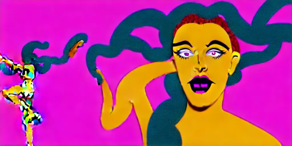 Image similar to modern sculpture, young woman as medusa as miranda sings, multiple poses, vaporwave, distorted vhs still