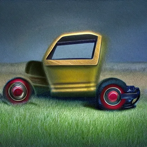 Image similar to a lawnmower car with a bed and computer screens inside, artstation hall of fame gallery, editors choice, #1 digital painting of all time, most beautiful image ever created, emotionally evocative, greatest art ever made, lifetime achievement magnum opus masterpiece, the most amazing breathtaking image with the deepest message ever painted, a thing of beauty beyond imagination or words