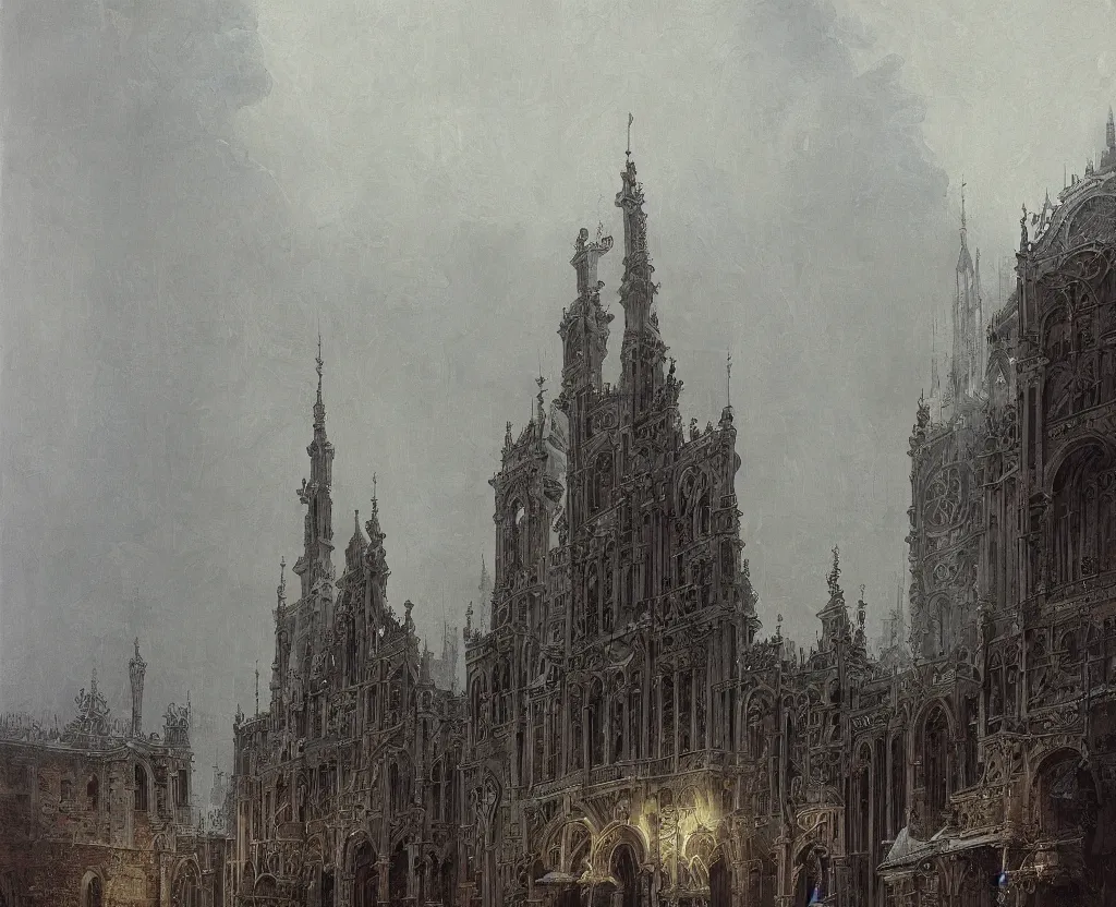 Prompt: pipe organ in winter, fantasy, medieval, grey smoke highly detailed, Artstation, oil on canvas painting by Canaletto and alan lee