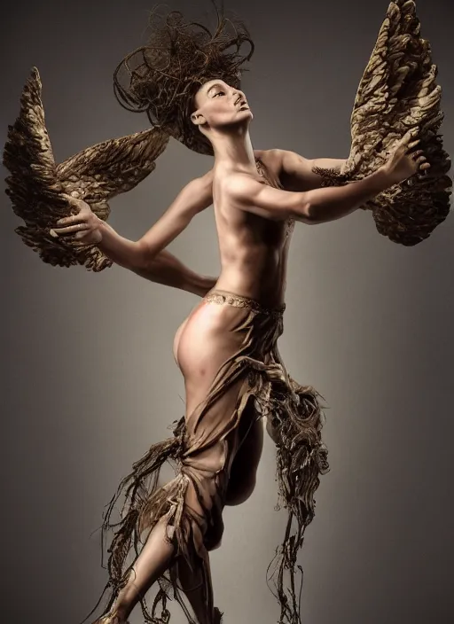 Image similar to expressive full body photo of an angels dancing, glamour shot, by jenny saville, by stefan gesell, photorealistic, canon r 3, fashion photography, hyper maximalist, elegant, ornate, luxury, elite, environmental portrait, symmetrical features, octane render, unreal engine, solid dark grey background, dramatic lights