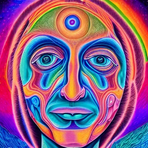 Prompt: painting of a human connecting with the universe in the style of Alex Grey. Colorful, detailed, sharp