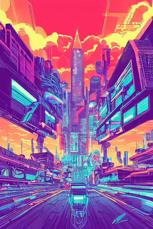 Image similar to thunders in the sky in a future cybernetic city, outrun style and colours, trending on arstation, by dan mumford, by ross tran