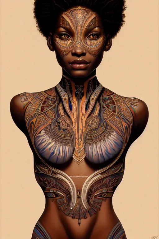 Image similar to symmetrical body portrait of beautiful nubian tribal tattooed young woman, intricate, elegant, highly detailed, digital painting, artstation, concept art, smooth, sharp focus, illustration, art by artgerm and greg rutkowski and alphonse mucha, 8 k