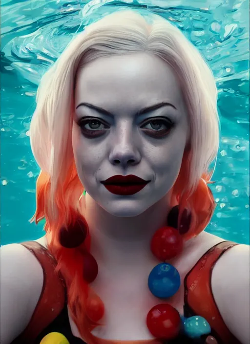 Prompt: underwater portrait of emma stone as harley quinn, hyper detailed, digital art, trending in artstation, cinematic lighting, studio quality, smooth render, unreal engine 5 rendered, octane rendered, art style by klimt and nixeu and ian sprigger and wlop and krenz cushart.