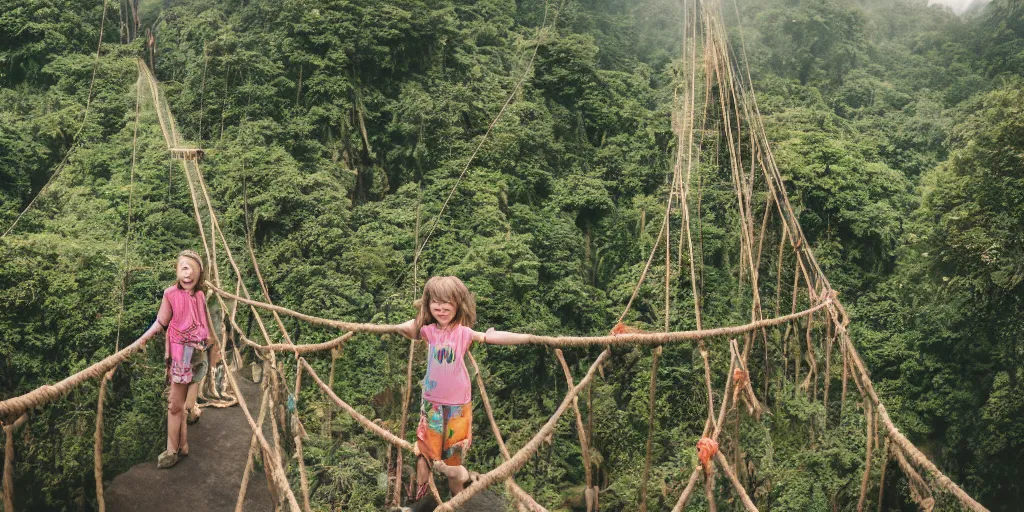 Prompt: an island of jungle cliffs with treehouses atop. tiered catwalks and rope bridges. kids in colorful war paint standing on the rope bridges. foggy valley and mountains fading into the distance, at sunset. waterfalls. neverland. 3 5 mm portrait film.