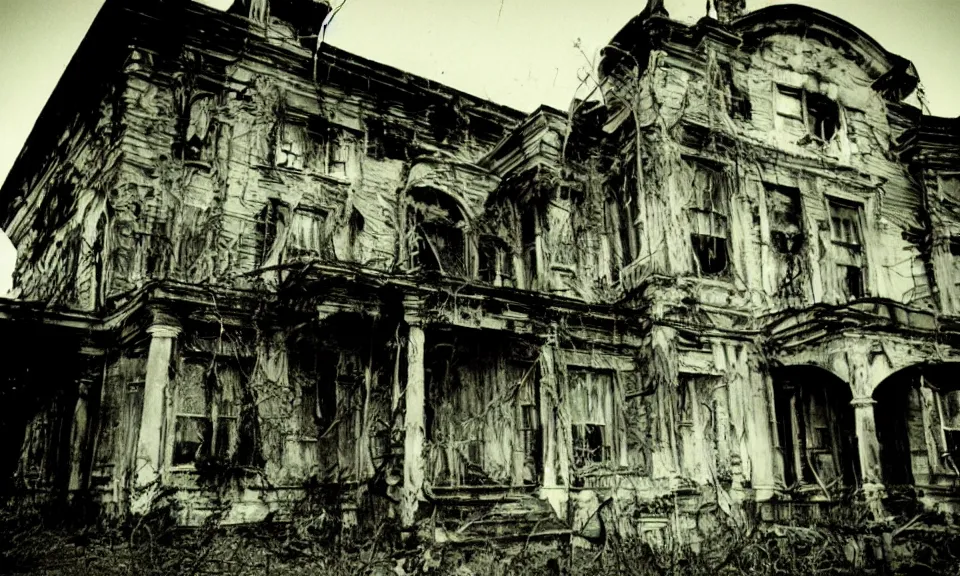 Image similar to 35mm film still, Resident evil mansion, zombie, spooky, horror, old, dirty, reversal film stock