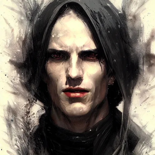 Image similar to portrait of a man by greg rutkowski, sith kinght, he looks like a vampire, long black messy hair, very tall and slender, star wars expanded universe, wearing black robes, he is about 3 0 years old, highly detailed portrait, digital painting, artstation, concept art, smooth, sharp foccus ilustration, artstation hq