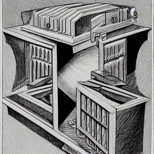 Image similar to a m. c. escher style drawing of trump and his safe