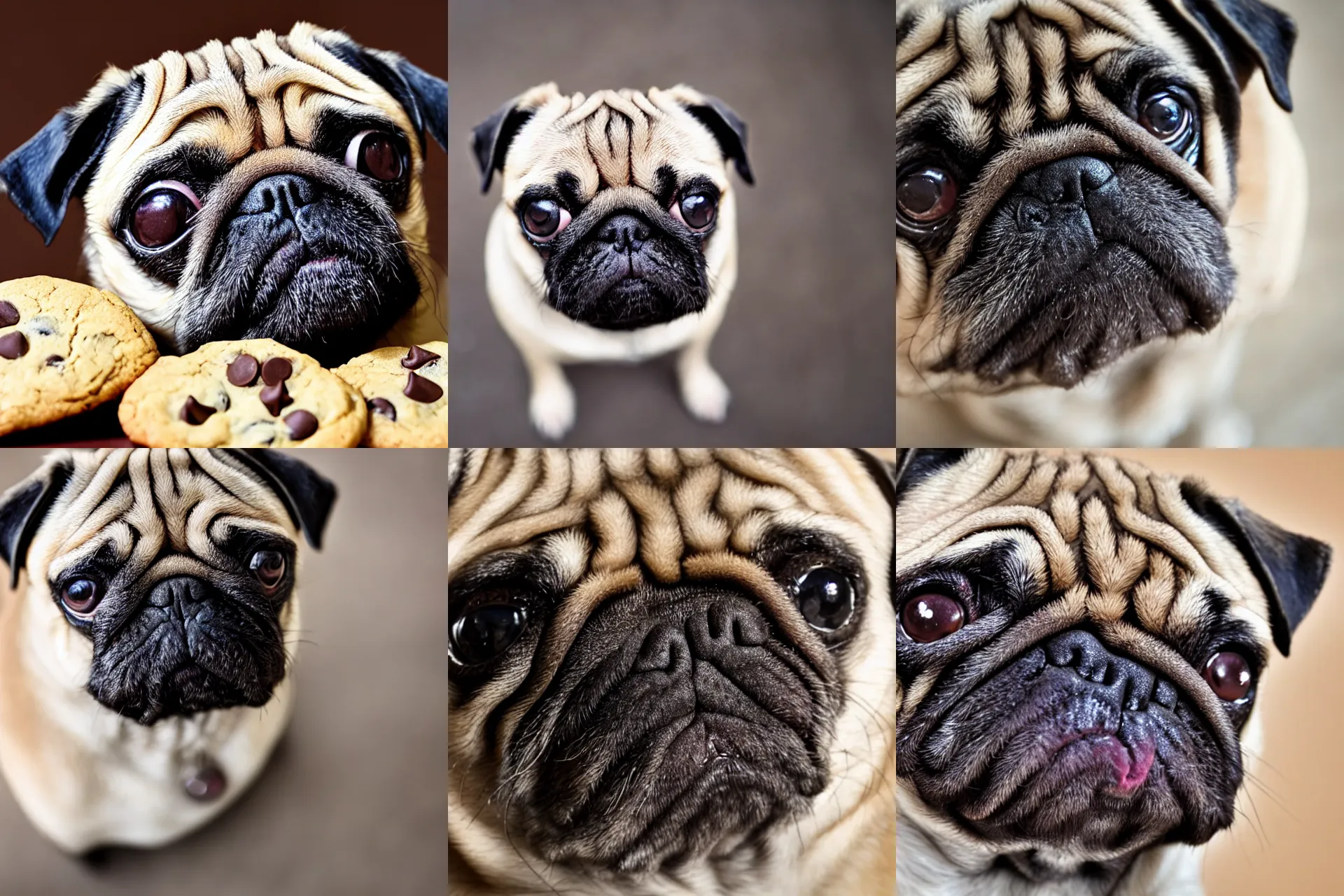 Prompt: a small pug sad face staring at a chocolate chip cookie, close up photo