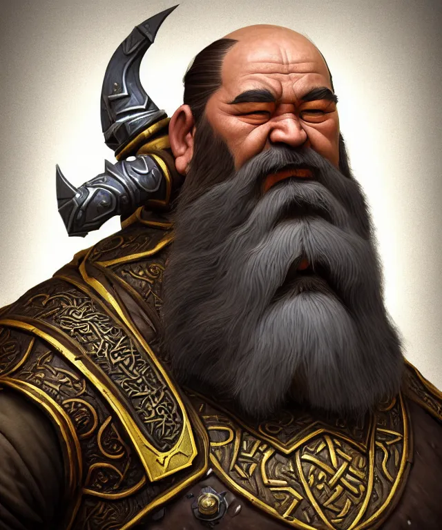 Image similar to 3D stylised render from zbrush of old mongolian dwarven general portrait, armored, face, long hair, moustache, goatee, fantasy, simplified, exaggerated, highly detailed, digital painting, artstation, concept art, smooth, sharp focus, illustration, art by artgerm and greg rutkowski and alphonse mucha, in style of wold of warcraft