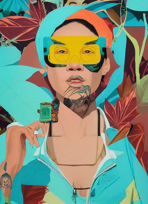 Prompt: 2017 Gorgeous Wynwood Woman by Sachin Teng x Adidas :5 attractive, sexy, thicc, thotty, rare, exotic, thick glasses, indie, stylish, designer , green, tattoos, smoke, marijuana, asymmetrical, Matte Painting , geometric shapes, hard edges, graffiti, street art:4 Masterpiece, impressive detail, colorful, by Sachin Teng:4 Super Model :9