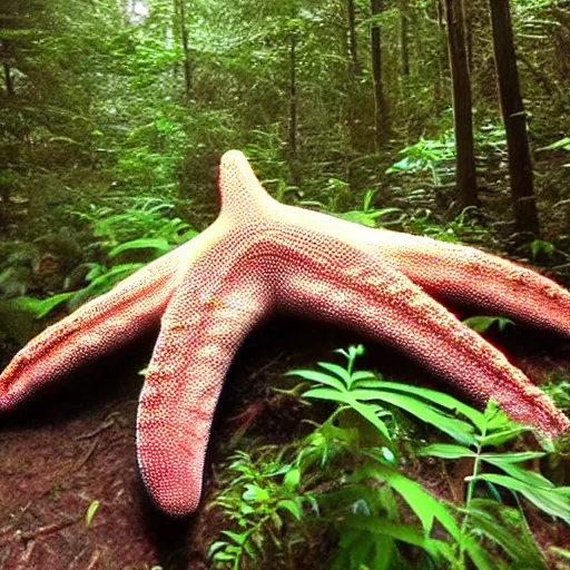 Image similar to a weird giant starfish in the forest caught on trailcam nightvision footage camera, grainy low quality