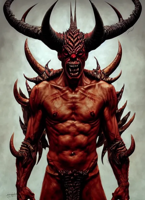 Prompt: devil man intricate skin pattern texture, savage, full body, maniacal, giant horns, a bit more muscular, hyper realistic, extremely detailed, dnd character art portrait, dark fantasy art, intricate fantasy painting, dramatic lighting, vivid colors, deviant art, artstation, by edgar maxence and caravaggio and michael whelan and delacroix.