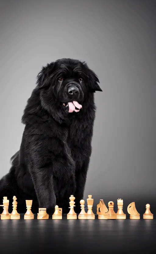 Image similar to An award winning photograph of a black newfoundland dog, looking intelligent, playing chess, studio lighting, medium shot, Sigma 85mm, 8k