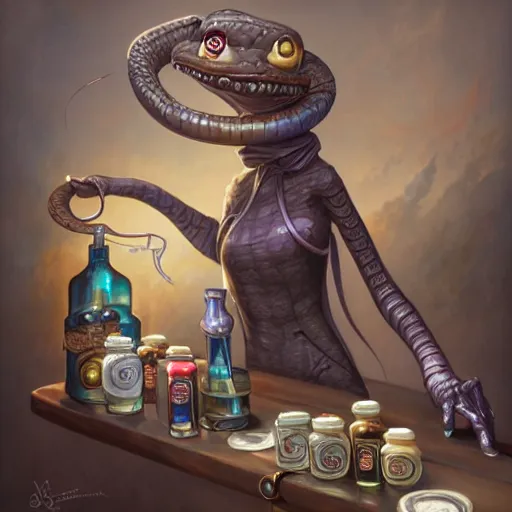 Image similar to a grinning anthropomorphic snake selling bottles of medicine, fantasy, steampunk, peter mohrbacher