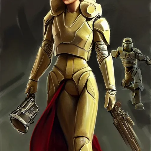 Image similar to A combination of Grace Kelly's and Emma Watson's and Ashley Greene's appearances with blonde hair wearing Master Chief's armor, full body portrait, western, D&D, fantasy, intricate, elegant, highly detailed, digital painting, artstation, concept art, matte, sharp focus, illustration, art by Donato Giancola and James Gurney