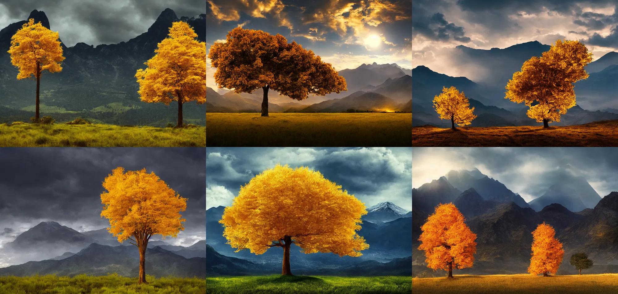 Prompt: a giant luminous golden tree in the middle of a landscape with mountains in the background, cloudy, dramatic lighting, digital art