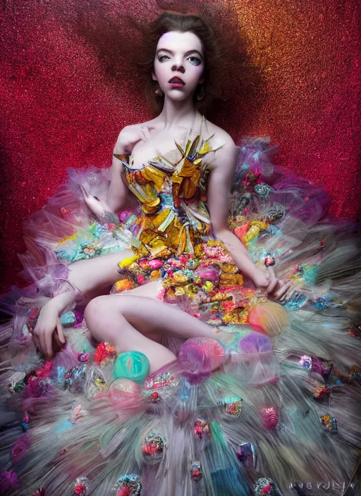 Image similar to expressive full body photo of anya taylor - joy, dress made of sweets and candies, glamour shot, by karol bak, stefan gesell, photorealistic, nikon d 4 x, fashion photography, hyper maximalist, elegant, ornate, luxury, elite, environmental portrait, symmetrical features, octane render, unreal engine, solid dark grey background, dramatic lights