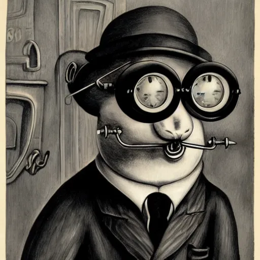 Image similar to a rat with steampunk googles, by Charles Addams