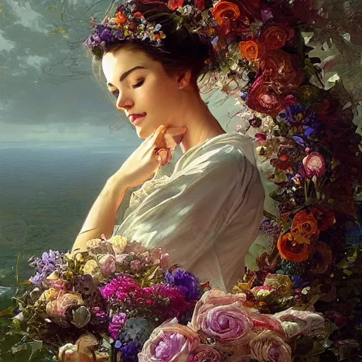 Prompt: an elaborate floating coffin with a mysterious woman sleeping and holding a large bouquet of flowing flowers, hands hidden under the bouquet, side view, fantasy, regal, intricate, by stanley artgerm lau, greg rutkowski, thomas kindkade, alphonse mucha, loish, norman rockwell