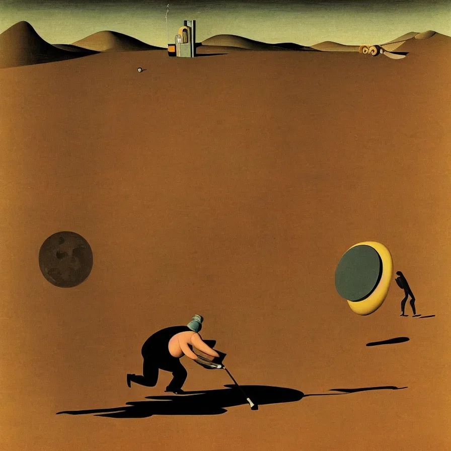 Image similar to a fat man pushing a vacuum cleaner through the desert . It's night time and there is a full moon. In the background we see hills. surrealist painting , Giorgio de Chirico