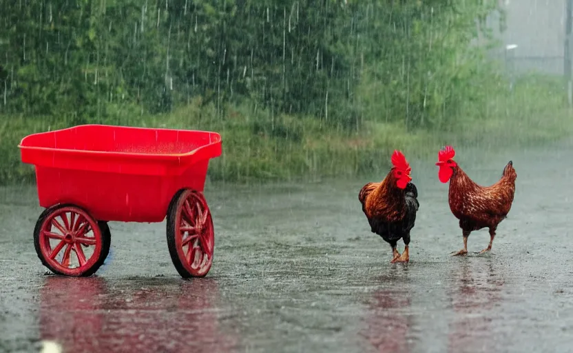 Prompt: a scene with a red wheel barrow where chickens are walking around in the rain.