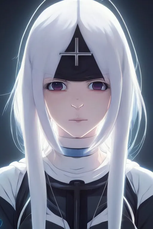 Image similar to portrait Anime cyborg girl in nun clothes, holy church Warhammer 40000, cute-fine-face, white-hair pretty face, realistic shaded Perfect face, fine details. Anime. realistic shaded lighting by Ilya Kuvshinov katsuhiro otomo ghost-in-the-shell, magali villeneuve, artgerm, rutkowski, WLOP Jeremy Lipkin and Giuseppe Dangelico Pino and Michael Garmash and Rob Rey