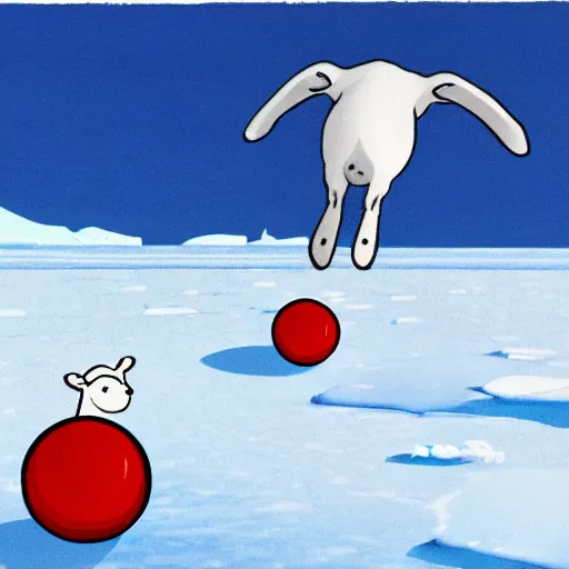 Image similar to cartoon drawing of a seal tossing a red ball with a white lamb in antarctica. the seal's head is sticking out above the water and the sheep is standing near the edge of ice