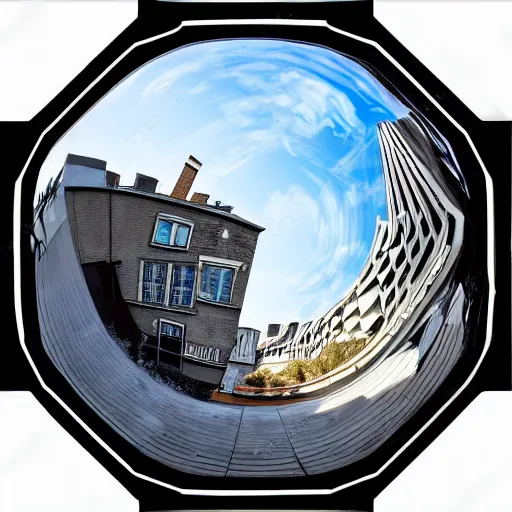 Image similar to architectural rendering of non-euclidean geometry hyberbolic fisheye street corner, surreal grunge