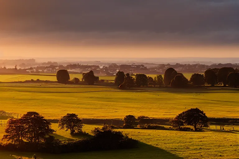 Prompt: A landscape photograph showing the city of Salisbury viewed from Old Sarum at sunrise, lighting by Albert Bierstadt, misty!!!, beautiful light, cinematic, morning light, dawn, English countryside, award winning photography, highly detailed, 24mm, fujifilm