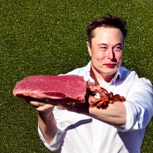 Image similar to elon musk holding a piece of meat, offering it to you