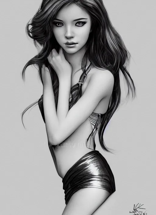 Image similar to full body portrait of a beautiful young woman in black and white, photorealistic, hair down to waist, sharp focus, in the style of Kevin Kostic, Stephen Lau and artgerm, hyper sharp focus, 8k highly detailed