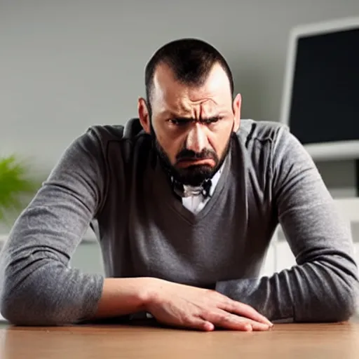 Image similar to man sits at computer desk angry and frustated waiting impatiently