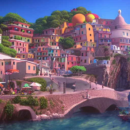 Image similar to pixar 3D render, by studio ghibli, (french bande dessinée), fantasy setting, mediterranean landscape, quaint village, cinq terre, highly detailed, luminous, style by moebius, concept art, unreal engine