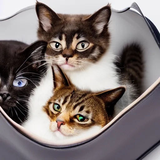 Prompt: a highly detailed photo of multiple furry cats inside a transparent bag, white background, studio lighting, 4 k, 8 k