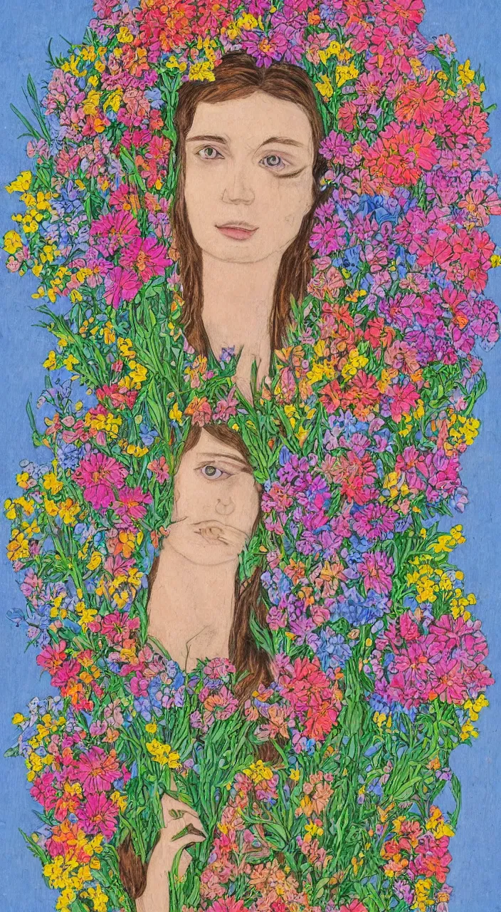 Prompt: a symmetric portrait of an antrounded by flowers, by well renowned world artist