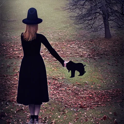 Image similar to a girl standing in a park, alone, wearing black dress and hat, holding teddy bear, detailed hands, by andrea kowch, dark, scene, magic realism