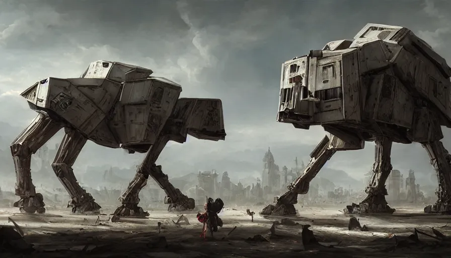 Image similar to baroque painting of at - at walking and destroying villages and cities, hyperdetailed, artstation, cgsociety, 8 k