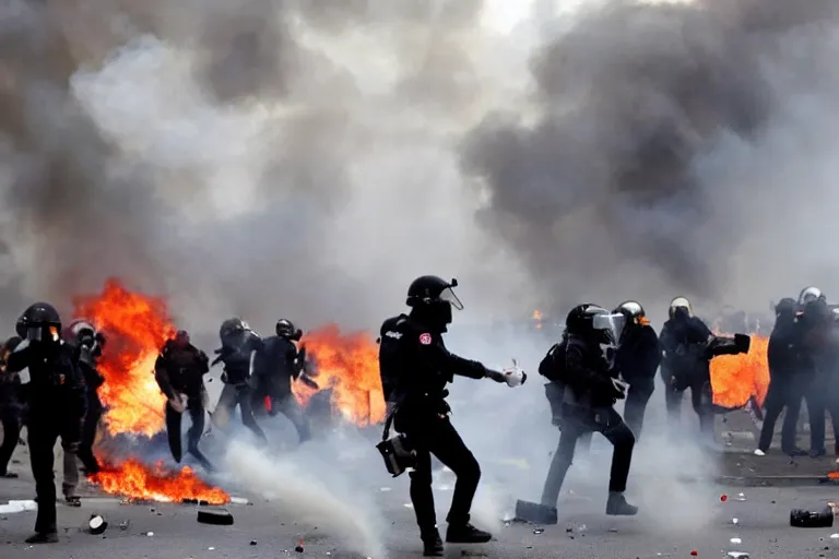 Prompt: violent riots in Paris between cop robot cops and people, tear gas, fire, cocktail molotov