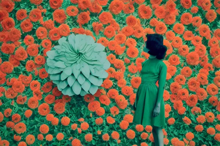 Image similar to giant flower head, girl standing, 1 9 6 0 s architecture, surreal photography, symmetry, mid century, liminal space, bright colours, wes anderson