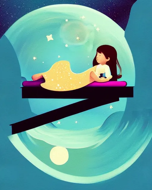 Image similar to beautiful painting of little girl sleeping on her flying bed, art by petros afshar, sky night, illustration, highly detailed, simple, smooth and clean vector curves, no jagged lines, vector art, smooth, artstation